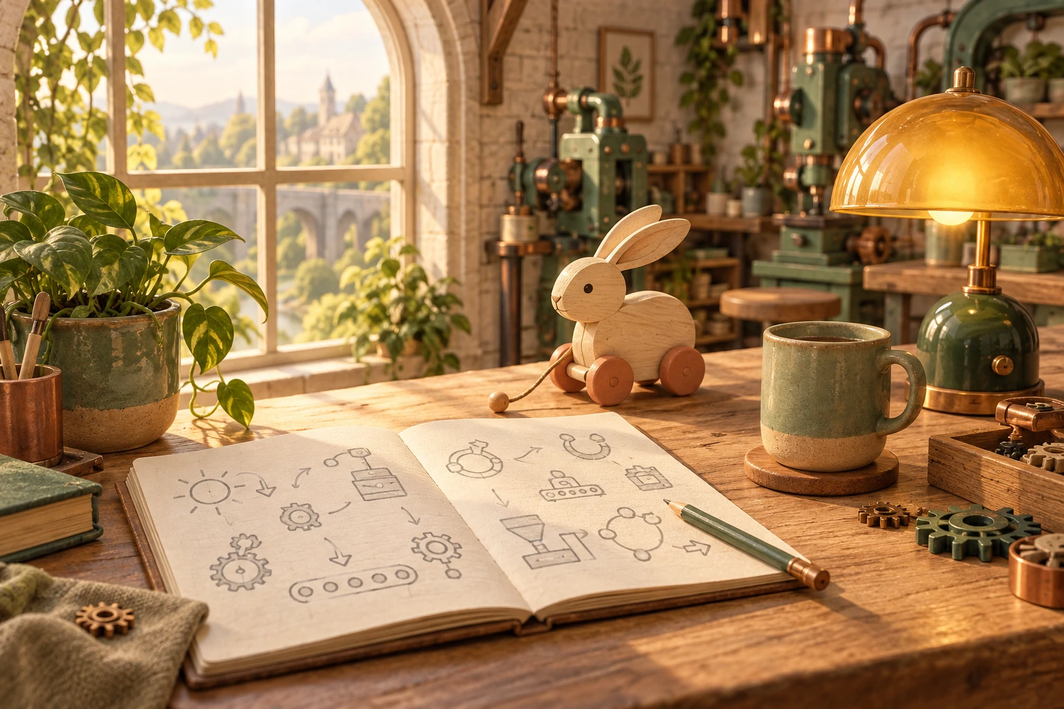A sunlit wooden desk by an arched window, with a sketchbook of production-flow doodles, a pencil, a wooden rabbit toy, a sage mug, and an amber lamp.